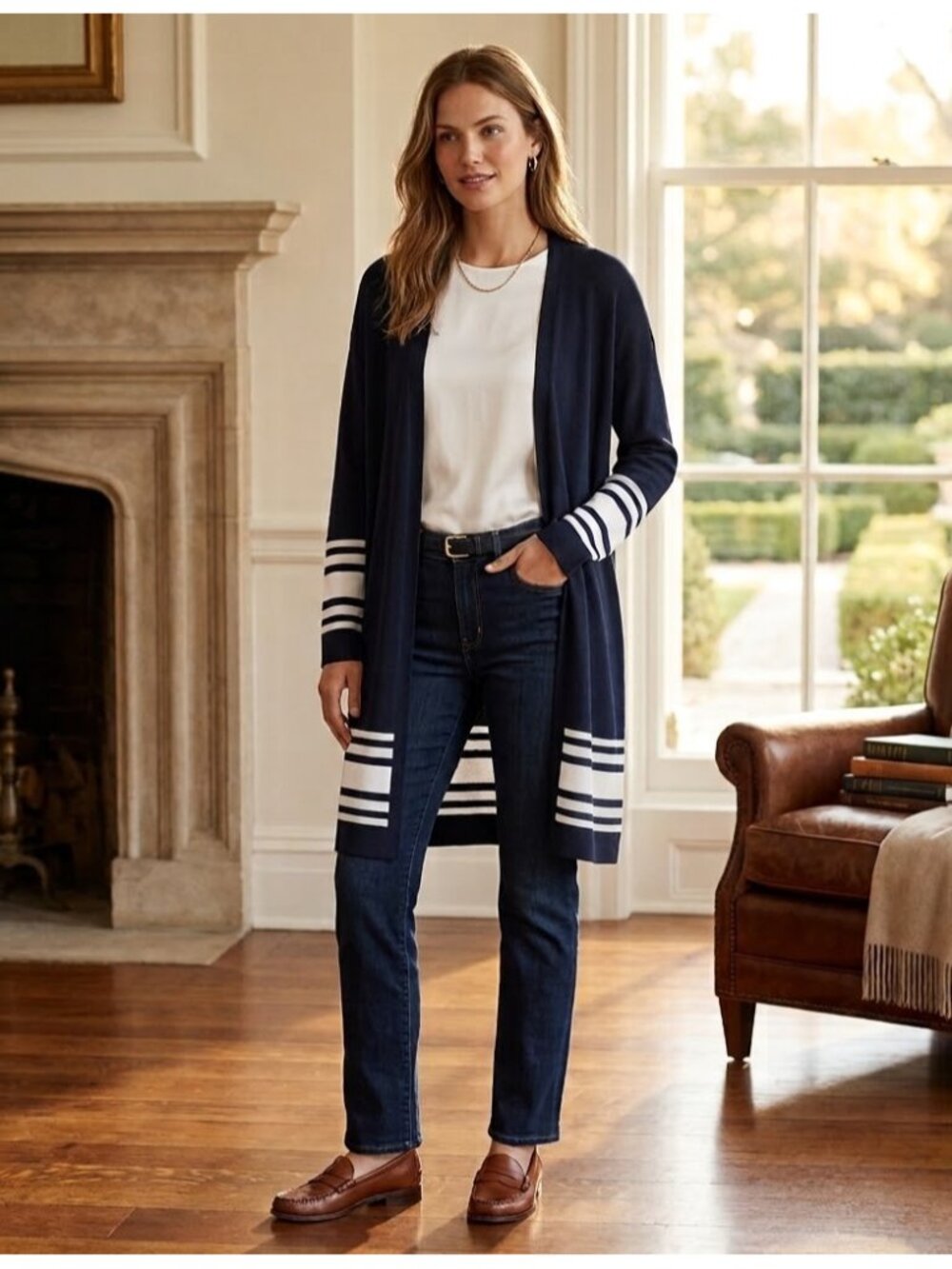 Lauren Ralph Lauren Womens M Two-Tone Cardigan Sweater Navy White Striped New